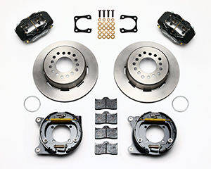 Wilwood Forged Dynalite Rear Parking Brake Kit Parts Laid Out - Black Powder Coat Caliper - Plain Face Rotor