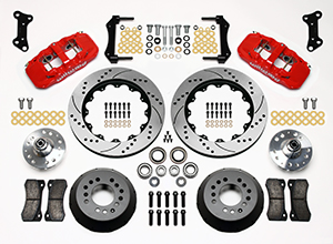 Wilwood AERO6 Big Brake Front Brake Kit Parts Laid Out - Red Powder Coat Caliper - SRP Drilled & Slotted Rotor