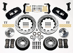 Wilwood AERO6 Big Brake Front Brake Kit Parts Laid Out - Black Powder Coat Caliper - SRP Drilled & Slotted Rotor