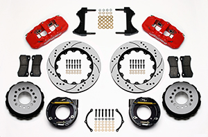 Wilwood AERO4 Big Brake Rear Parking Brake Kit Parts Laid Out - Red Powder Coat Caliper - SRP Drilled & Slotted Rotor