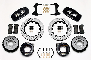 Wilwood AERO4 Big Brake Rear Parking Brake Kit Parts Laid Out - Black Powder Coat Caliper - SRP Drilled & Slotted Rotor