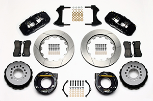 Wilwood AERO4 Big Brake Rear Parking Brake Kit Parts Laid Out - Black Powder Coat Caliper - GT Slotted Rotor