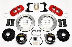 Wilwood AERO4 Big Brake Rear Parking Brake Kit Parts Laid Out - Red Powder Coat Caliper - GT Slotted Rotor
