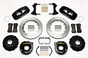 Wilwood AERO4 Big Brake Rear Parking Brake Kit Parts Laid Out - Black Powder Coat Caliper - GT Slotted Rotor