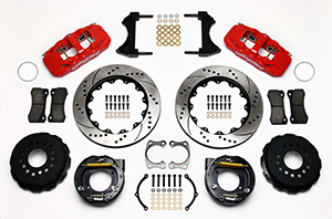 Wilwood AERO4 Big Brake Rear Parking Brake Kit Parts Laid Out - Red Powder Coat Caliper - SRP Drilled & Slotted Rotor