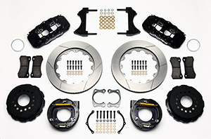 Wilwood AERO4 Big Brake Rear Parking Brake Kit Parts Laid Out - Black Powder Coat Caliper - GT Slotted Rotor