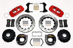 Wilwood AERO4 Big Brake Rear Parking Brake Kit Parts Laid Out - Red Powder Coat Caliper - SRP Drilled & Slotted Rotor