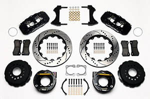 Wilwood AERO4 Big Brake Rear Parking Brake Kit Parts Laid Out - Black Powder Coat Caliper - SRP Drilled & Slotted Rotor