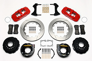 Wilwood AERO4 Big Brake Rear Parking Brake Kit Parts Laid Out - Red Powder Coat Caliper - GT Slotted Rotor