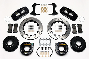 Wilwood AERO4 Big Brake Rear Parking Brake Kit Parts Laid Out - Black Powder Coat Caliper - SRP Drilled & Slotted Rotor