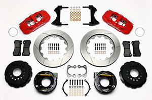 Wilwood AERO4 Big Brake Rear Parking Brake Kit Parts Laid Out - Red Powder Coat Caliper - GT Slotted Rotor