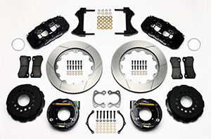 Wilwood AERO4 Big Brake Rear Parking Brake Kit Parts Laid Out - Black Powder Coat Caliper - GT Slotted Rotor