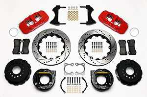 Wilwood AERO4 Big Brake Rear Parking Brake Kit Parts Laid Out - Red Powder Coat Caliper - SRP Drilled & Slotted Rotor