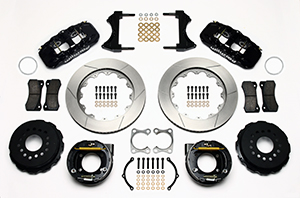 Wilwood AERO4 Big Brake Rear Parking Brake Kit Parts Laid Out - Black Powder Coat Caliper - GT Slotted Rotor