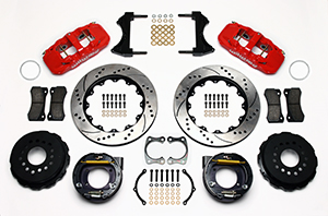 Wilwood AERO4 Big Brake Rear Parking Brake Kit Parts Laid Out - Red Powder Coat Caliper - SRP Drilled & Slotted Rotor