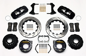 Wilwood AERO4 Big Brake Rear Parking Brake Kit Parts Laid Out - Black Powder Coat Caliper - SRP Drilled & Slotted Rotor