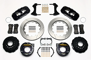 Wilwood AERO4 Big Brake Rear Parking Brake Kit Parts Laid Out - Black Powder Coat Caliper - GT Slotted Rotor