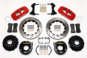 Wilwood AERO4 Big Brake Rear Parking Brake Kit Parts Laid Out - Red Powder Coat Caliper - SRP Drilled & Slotted Rotor