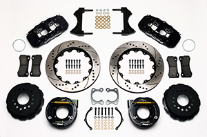 Wilwood AERO4 Big Brake Rear Parking Brake Kit Parts Laid Out - Black Powder Coat Caliper - SRP Drilled & Slotted Rotor