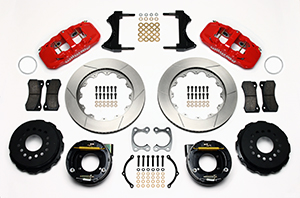 Wilwood AERO4 Big Brake Rear Parking Brake Kit Parts Laid Out - Red Powder Coat Caliper - GT Slotted Rotor