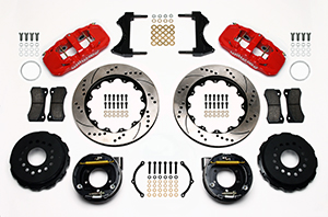 Wilwood AERO4 Big Brake Rear Parking Brake Kit Parts Laid Out - Red Powder Coat Caliper - SRP Drilled & Slotted Rotor