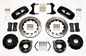 Wilwood AERO4 Big Brake Rear Parking Brake Kit Parts Laid Out - Black Powder Coat Caliper - SRP Drilled & Slotted Rotor