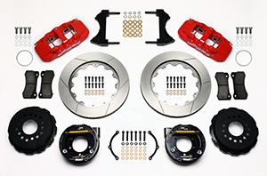 Wilwood AERO4 Big Brake Rear Parking Brake Kit Parts Laid Out - Red Powder Coat Caliper - GT Slotted Rotor