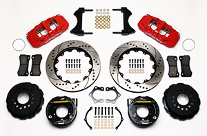 Wilwood AERO4 Big Brake Rear Parking Brake Kit Parts Laid Out - Red Powder Coat Caliper - SRP Drilled & Slotted Rotor