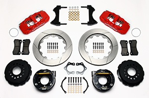 Wilwood AERO4 Big Brake Rear Parking Brake Kit Parts Laid Out - Red Powder Coat Caliper - GT Slotted Rotor