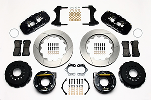 Wilwood AERO4 Big Brake Rear Parking Brake Kit Parts Laid Out - Black Powder Coat Caliper - GT Slotted Rotor