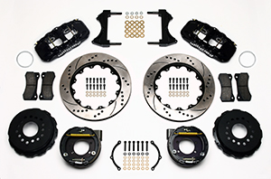 Wilwood AERO4 Big Brake Rear Parking Brake Kit Parts Laid Out - Black Powder Coat Caliper - SRP Drilled & Slotted Rotor