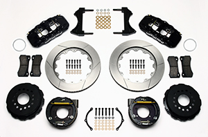 Wilwood AERO4 Big Brake Rear Parking Brake Kit Parts Laid Out - Black Powder Coat Caliper - GT Slotted Rotor