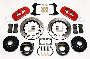 Wilwood AERO4 Big Brake Rear Parking Brake Kit Parts Laid Out - Red Powder Coat Caliper - SRP Drilled & Slotted Rotor