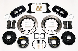 Wilwood AERO4 Big Brake Rear Parking Brake Kit Parts Laid Out - Black Powder Coat Caliper - SRP Drilled & Slotted Rotor