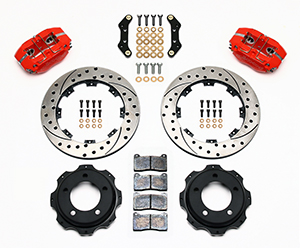 Wilwood Dynapro Rear Brake Kit For OE Parking Brake Parts Laid Out - Red Powder Coat Caliper - SRP Drilled & Slotted Rotor