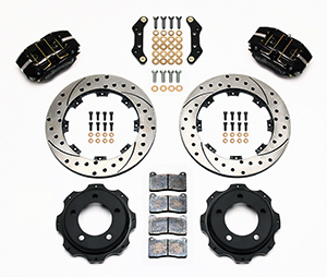 Wilwood Dynapro Rear Brake Kit For OE Parking Brake Parts Laid Out - Black Powder Coat Caliper - SRP Drilled & Slotted Rotor