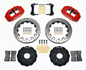 Wilwood Forged Narrow Superlite 6R Big Brake Front Brake Kit (Hat) Parts Laid Out - Red Powder Coat Caliper - SRP Drilled & Slotted Rotor