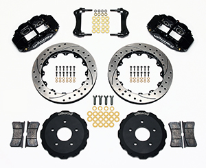 Wilwood Forged Narrow Superlite 6R Big Brake Front Brake Kit (Hat) Parts Laid Out - Black Powder Coat Caliper - SRP Drilled & Slotted Rotor