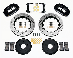 Wilwood Forged Narrow Superlite 6R Big Brake Front Brake Kit (Hat) Parts Laid Out - Black Powder Coat Caliper - SRP Drilled & Slotted Rotor