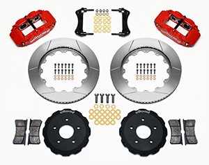 Wilwood Forged Narrow Superlite 6R Big Brake Front Brake Kit (Hat) Parts Laid Out - Red Powder Coat Caliper - GT Slotted Rotor