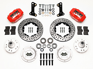 Wilwood Forged Dynalite Pro Series Front Brake Kit Parts Laid Out - Red Powder Coat Caliper - SRP Drilled & Slotted Rotor