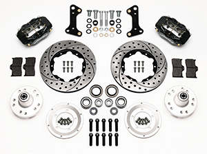 Wilwood Forged Dynalite Pro Series Front Brake Kit Parts Laid Out - Black Powder Coat Caliper - SRP Drilled & Slotted Rotor