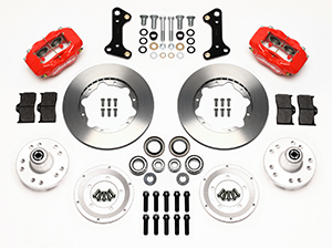 Wilwood Forged Dynalite Pro Series Front Brake Kit Parts Laid Out - Red Powder Coat Caliper - Plain Face Rotor