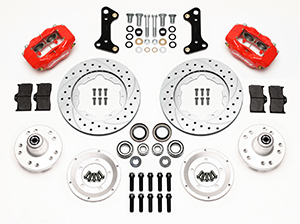 Wilwood Forged Dynalite Pro Series Front Brake Kit Parts Laid Out - Red Powder Coat Caliper - SRP Drilled & Slotted Rotor