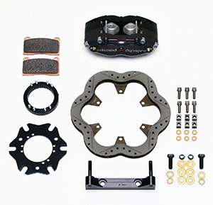 Wilwood Dynapro Radial Sprint Inboard Brake Kit Parts Laid Out - Black Anodize Caliper - Drilled Rotor