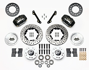 Wilwood Forged Dynalite Pro Series Front Brake Kit Parts Laid Out - Black Powder Coat Caliper - SRP Drilled & Slotted Rotor