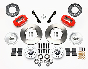 Wilwood Forged Dynalite Pro Series Front Brake Kit Parts Laid Out - Red Powder Coat Caliper - Plain Face Rotor