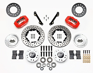 Wilwood Forged Dynalite Pro Series Front Brake Kit Parts Laid Out - Red Powder Coat Caliper - SRP Drilled & Slotted Rotor