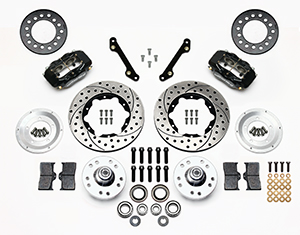 Wilwood Forged Dynalite Pro Series Front Brake Kit Parts Laid Out - Black Powder Coat Caliper - SRP Drilled & Slotted Rotor