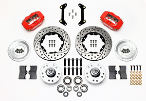 Wilwood Forged Dynalite Pro Series Front Brake Kit Parts Laid Out - Red Powder Coat Caliper - SRP Drilled & Slotted Rotor